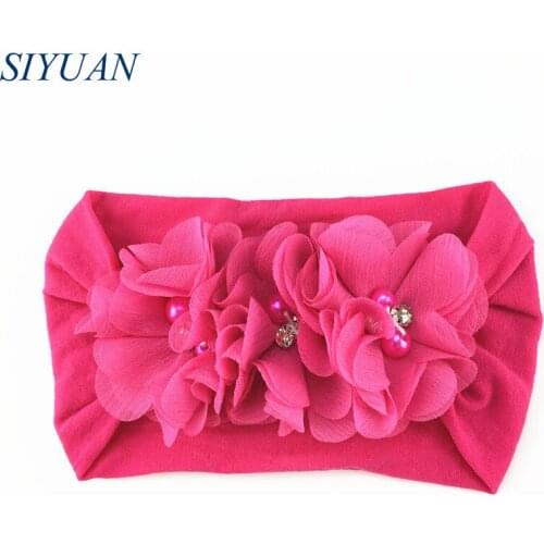 14pcs/lot Soft Nylon Headband Wide Elastic Head Band With Triple Chiffon Pearl Flower Kids Photo Props HB081
