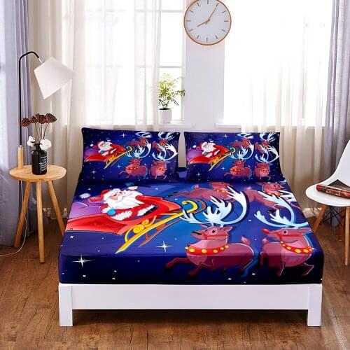 Christmas Sleigh 3pc Polyester Solid Fitted Sheet Mattress Cover Four Corners With Elastic Band Bed Sheet(2 pillowcases)