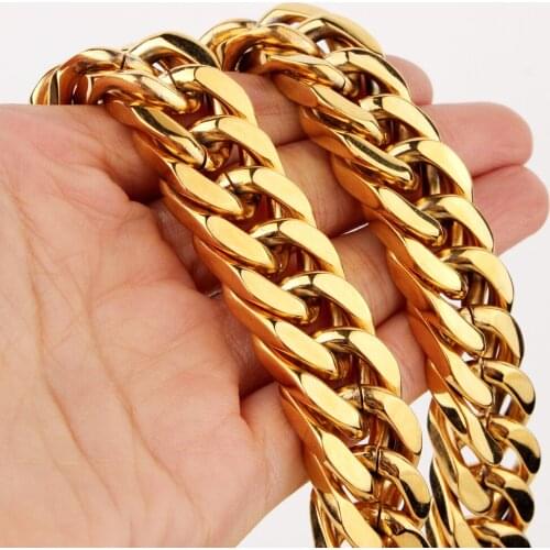Perfect Gold Color 6/8/10/12/14/17mm Wide Cuban Link Chain Stainless Steel Bracelet/Necklace Cool Mens Jewelry Gift 7-40"