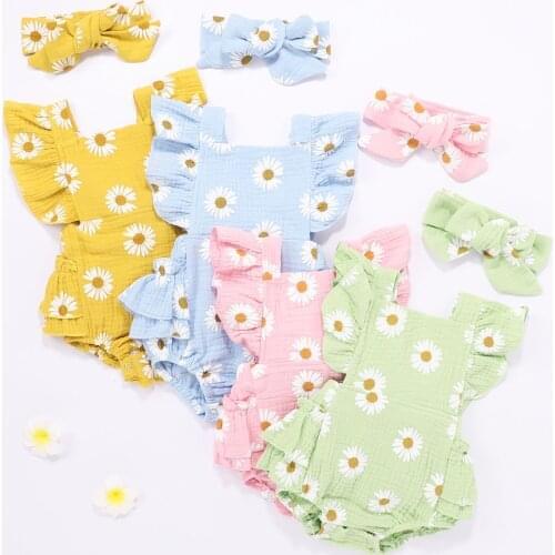 Summer Cute Ruffles Baby Girls Cotton Linen Romper Jumpsuit Headband Floral Outfits Sunsuit Set New 0-24M Children Kids Clothes