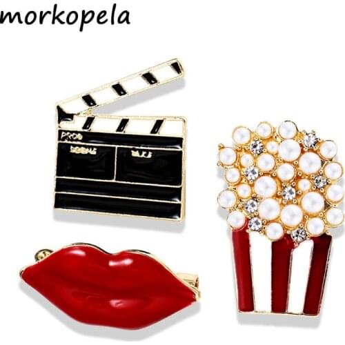 Morkopela Enamel Brooch Badge Pins Popcorn Red Lip Badges Bag Buckle Pin Clothes Clip Accessories