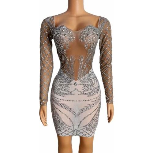 Sparkly Rhinestones Mesh Transparent Short Dress Women Party Dress Stage Wear Birthday Outfits for Women Sexy Club Dress