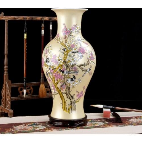 Jingdezhen ceramic fishtail vase gold glaze plum tree pastel vase modern home furnishing room decorative crafts and ornaments