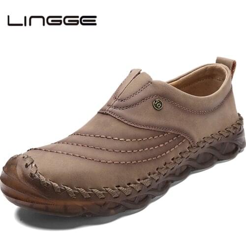 LINGGE New Comfortable Men Casual Shoes Loafers High Quality Leather Mens Shoes Work Men Flats Hot Sale Big Size 38-48
