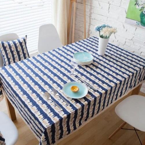 Linen Table Cloth Cartoon House Print Blue Rectangle Cotton Coffee Table Cover Tablecloth with Lace Edge Free Shipping ZB-35