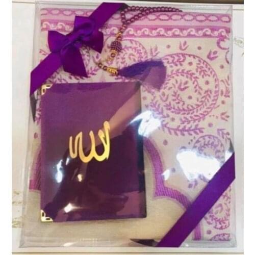 Prayer Rug Set 3 Pcs Green Purple Muslim Set Arabic Islamic Mevlüt Umrah Gift Sijadat Prayer Rug Yasin i Şerif | 99 Beads Rosary
