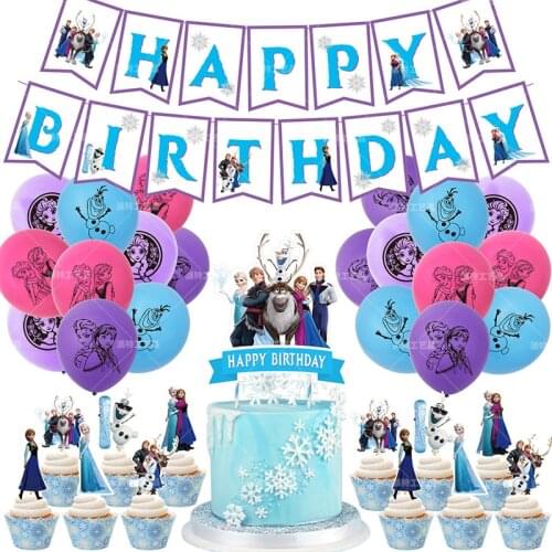 New Disney Frozen 2 Princess Elsa Anna Pull Flag Cake Topper Insert Balloon Party Decorations Happy Birthday Party Supplie Set