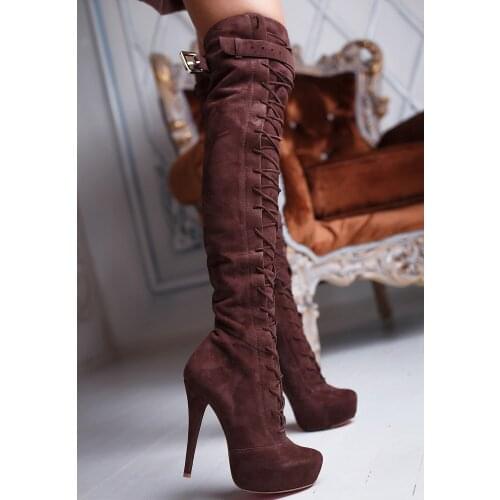 Moraima Snc Autumn Fashion Brown Suede High Heel Boots Woman Sexy Platform Long Boots Lace-up Thigh High Riding Boots