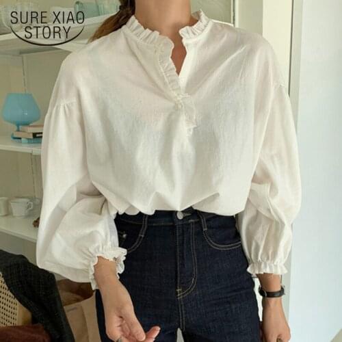 Casual Plus Size Female Clothing New Fashion Cotton Lantern Sleeve Women Shirts Pullover Solid White Ladies Blouse Tops 12532
