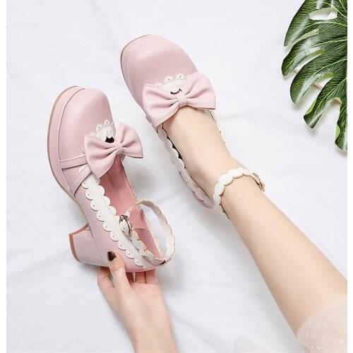 Pink Lolita Kawaii Shoes Designer Platform High Heels Pumps Ankle Strap Fashion Cute Bow Shoes 2020 Women Chunky Heels Black