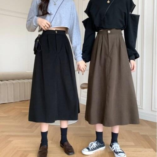Woolen Cloth Long Skirts for Women 2021 Autumn Winter Vintage Elastic Waist A Line Skirt Fashion Ladies Black Button Midi Skirts