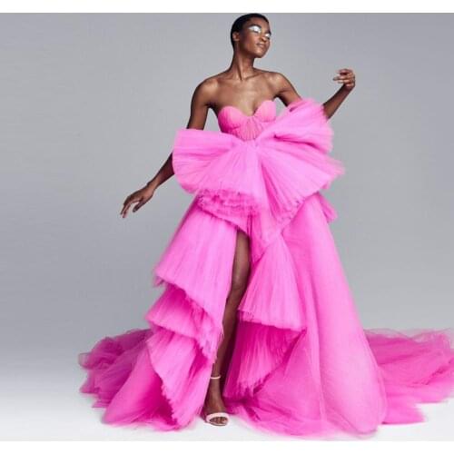 Chic Newest Fuchsia Tulle Prom Gowns Ruffles Sexy Split A-line Long Formal Event Party Dresses Off The Shoulder