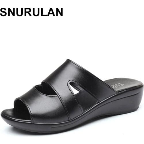SNURULAN Women Slippers Shoes Genuine Leather Casual Slides Women Summer Shoes Retro Solid Mother Shoes Wedges Flip Flops Size