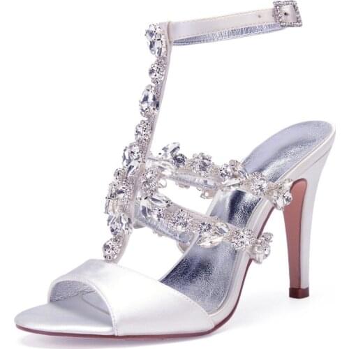 High Heels Rhinestones Wedding Bridal Sandals Shoes Women Open Toe Ankle Buckle Strap Satin Formal Party Dress Sandals
