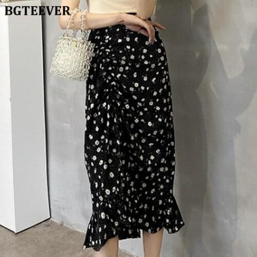 BGTEEVER Vintage Elastic High Waist Women Floral Print Midi Skirts 2021 Summer New Fashion Loose Side Split Ladies Mermaid Skirt