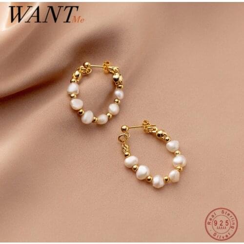 WANTME 925 Sterling Silver Bohemian Freshwater Baroque Pearl Circle Huggies Earrings for Women Vintage 18k Gold Hanging Jewelry
