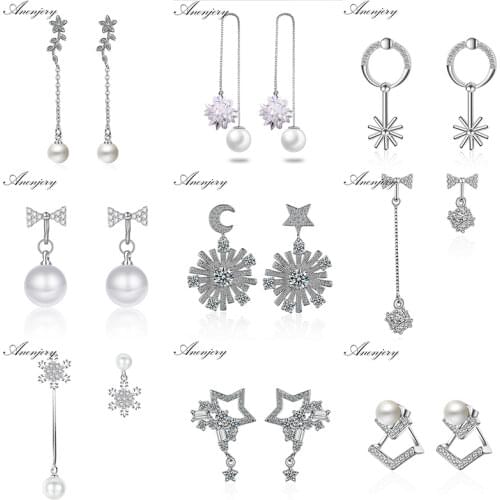 ANENJERY 925 Sterling Silver Geometric Pearl Bow Zircon Star Earrings For Women Simple Strawberry Crystal Jewelry Girl Gift