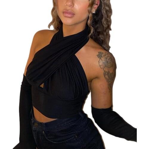Womens Solid Color Cross Band Halter Top, Sexy Off-shoulder Backless Vest Tops Female with Separated Sleeve