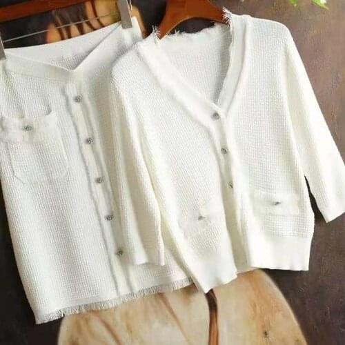 High Quality Sweater Sets 2021 Autumn Winter Knitted Suits Women V-Neck Beading Button Cardigan Tops+Knitted Skirt Sets Casual