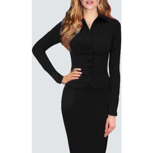 Women Elegant Business Classic Office Ladies Autumn Winter Button Fitted Sheath Bodycon Pencil Dress HG749