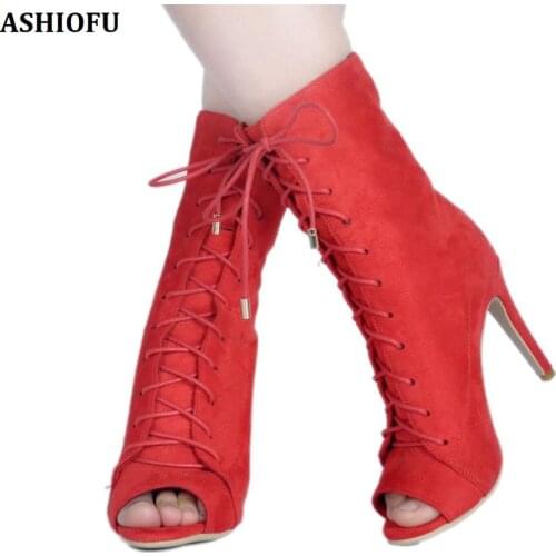 ASHIOFU Handmade Womens High Heel Boots Cross-shoelace Autumn Ankle Boots Peep-toe Sexy Fashion Club Evening Boots Shoes