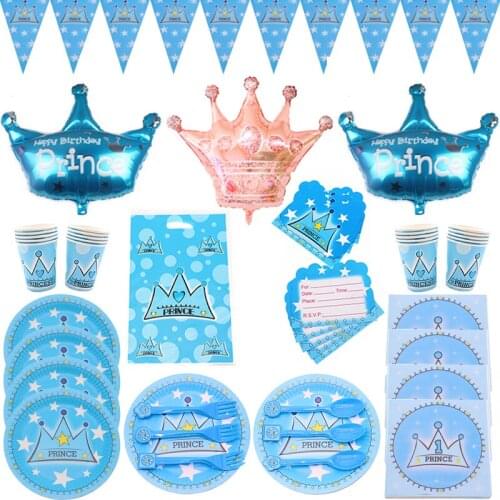 Blue Prince Crown Boy Kids Disposable Tableware Set Plates Napkins Straws Cup Baby Shower Birthday Party Decoration Supplies