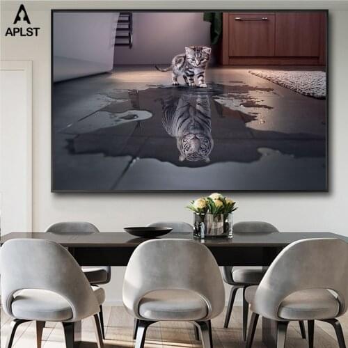 Lovely Cat Reflection Become Tiger Prints Painting On Canvas Animal Posters Wall Art Pictures Home Decor for Living Nursery Room