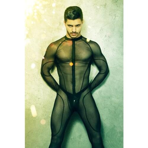Black Transparent Mesh Sexy Long Sleeve Mens Zentai Stretchy Catsuit Bodysuit Night Club Pole Dance Bodycon Jumpsuits 2XL