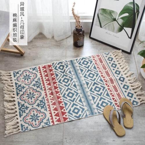Turkish Style Cotton Linen Area Rug with Tassels Hand Woven Bath Mats Washable Foot Pads for Bedroom, Kitchen, Laundry Room