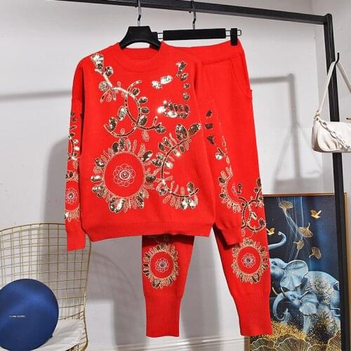 Fashion White Red Black Sequins Embroidery Flowers Knit Tracksuits Set Women Loose Casual Sweater Pants Female Two Piece Outfits
