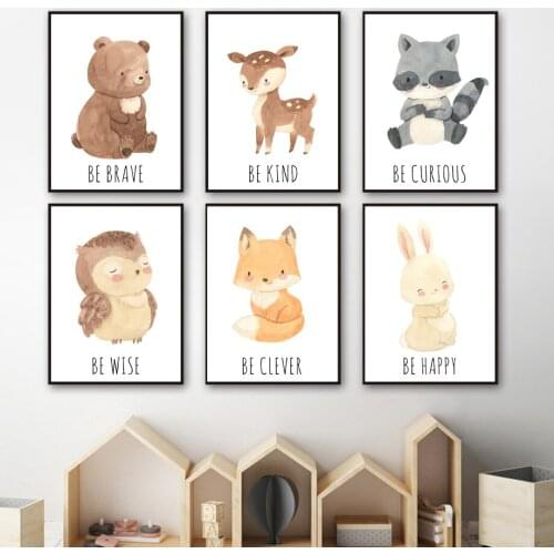 Cartoon Bear Rabbit Deer Fox Raccoon Nursery Wall Art Canvas Painting Nordic Posters And Print Wall Picture Baby Kids Room Decor