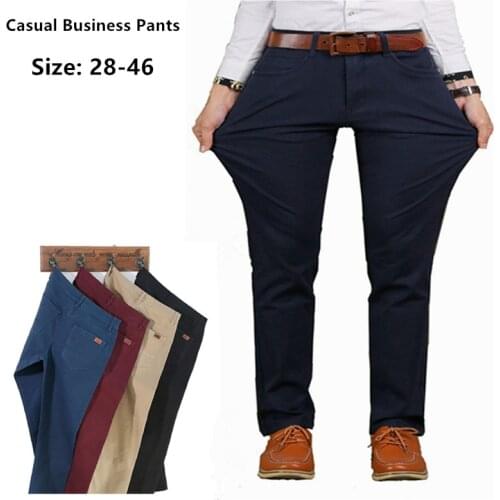 Large Size Cotton Mens Business Pants Men Straight Stretched Slim Fit Big Plus Black Khaki Long 42 44 46 Elastic Man Trousers