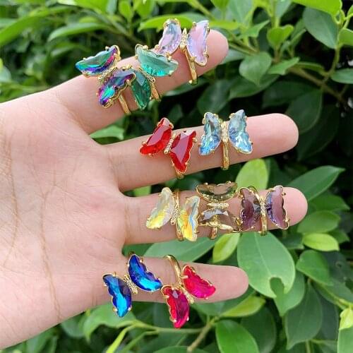 New Creative Green White Purple Pink Color Glass Butterfly Open Rings Resizable Adjustable Clear Crystal Butterfly Rings