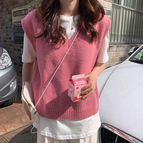 SLLSKY Fashion Solid Pink Women Vest Autumn New Knitted Student Pullovers V-Neck Sleeveless Tanks Slim All-match Sweater Vest
