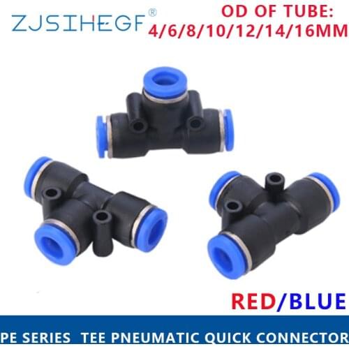 PE Series T Type Tee 4 6 8 10 12 14 16mm OD Hose 3 Way Port Y Shape Air Pneumatic Quick Connectors Coupling