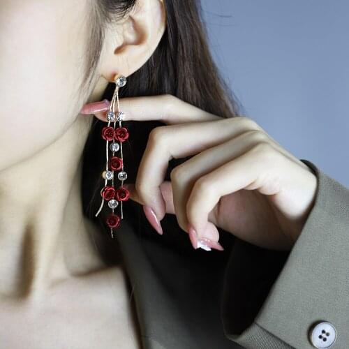 Rose Flower Earrings Korea Dongdaemun Simple Long Tassel Pendant Earrings Tide Net Red Wild Earrings Exaggerated Female Jewelry