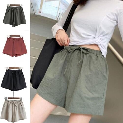 Women High Waist Cotton Linen Shorts Drawstring Elastic Waist Wide Leg Short Pants Solid Color Casual Loose Trousers