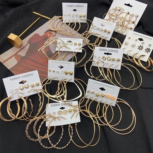 Vintage Big Hoop Earrings Set Geometirc Metal Gold Silver Color Big Dangle Drop Earrings 2021 NEW Set of Earrings Jewelry