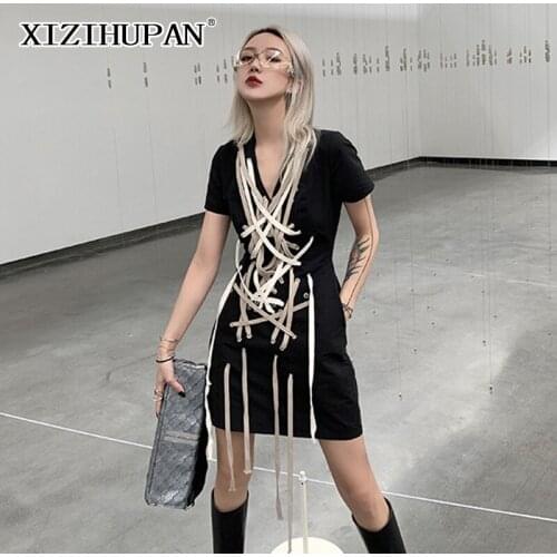 XIZIHUPAN Sexy Patchwork Cross Bandage Dress For Women V Neck Short Sleeve Drawstring Slim Dresses Female 2021 Clothing Fashion
