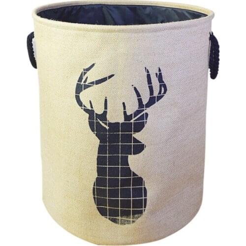 3PCS / LOT Deer Head Folding Cotton Linen Big Laundry Hamper Canvas Kids Toy Storage Bucket