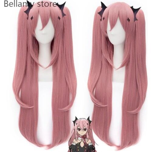 Anime Seraph of the end Krul Tepes Long Straight Pink Ponytail Heat Resistant Cosplay Costume hairwear Wig+Wig Cap