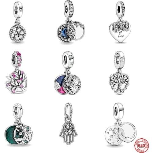 Authentic 925 Sterling Silver Pink Heart Family Tree Magical Unicorn Double Dangle Beads Fit Original Pandora Charm Bracelet