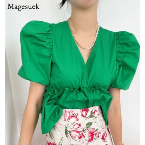 Puff Short Sleeve Women Blouse 2021 Summer White Loose Vintage Female Shirt Casual V Neck Ruffles Pleated Top Girl Blusas 15579