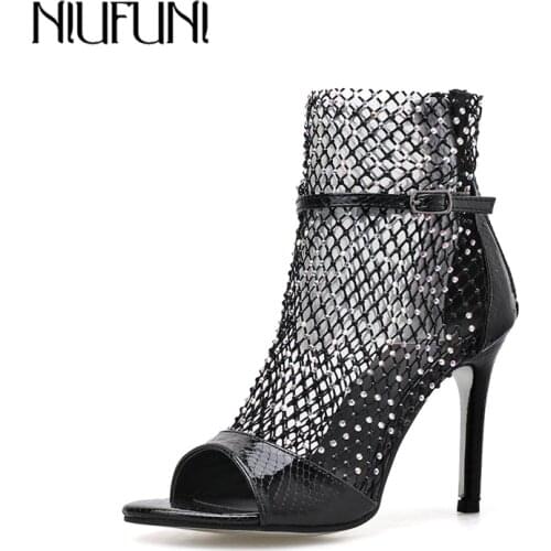 NIUFUNI 2020 Summer Women Sandals Boots Sexy Mesh Hollow Peep Toe Gladiator Sandals 10CM Stiletto High Heels Ladies Party Shoes