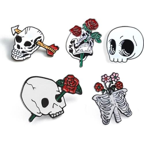 Punk Flower Skull Enamel Pins Collection Skeleton Head Arrow Rose Lapel Pins Love and Death Gothic Badges Romantic Brooches Gift