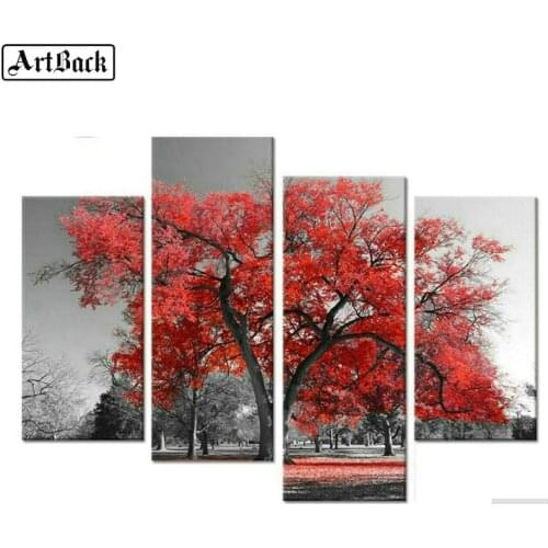 1 set of 4pcs diamond painting tree flowers picture full square diamond embroidery 3d round drill mosaic wall stickers rose