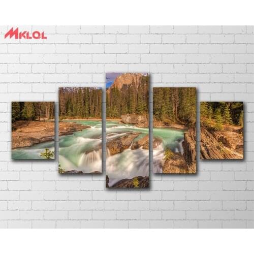 Free shipping 5PCS Forest River Rock Waterfall Oil Painting Printed Painting On Canvas Home Decorative Wall Art Picture