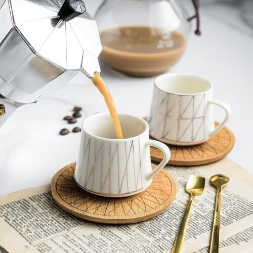 Nordic Ceramic Line Striped Coffee Cup with Bamboo Dish Creative Mini Afternoon Tea Coffee Cup with Saucer and Spoon Drinkware