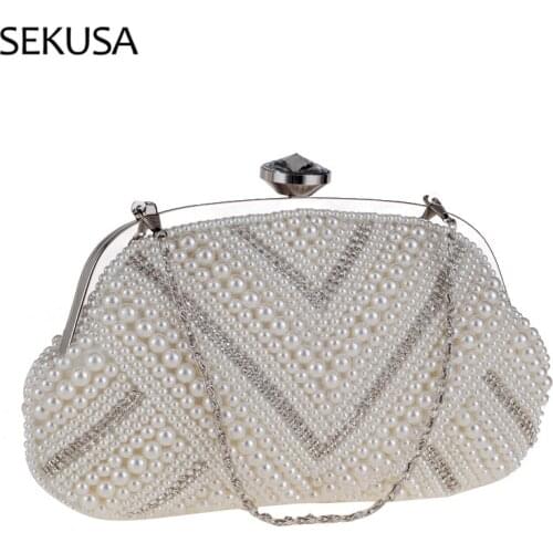 Shell Beaded Women Handbags Diamonds Soft V Design Chain Shoulder Small Clutch For Wedding Evening Bags