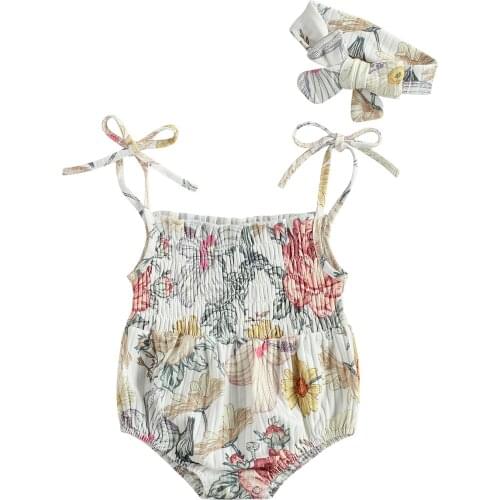 Summer 0-24 New Style Infant Baby Girls 2 Pcs Outfits Suits Sleeveless Floral Printed Romper + Bowknot Headband